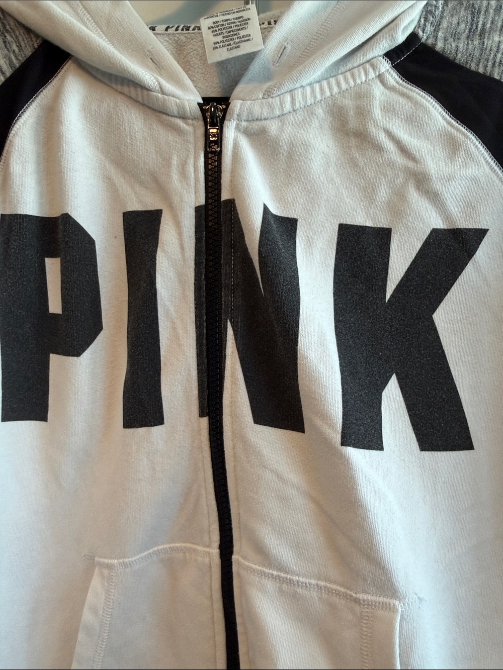 PINK Victoria's Secret White, Black & Gray Zip-Up Hoodie - Picture 3 of 6